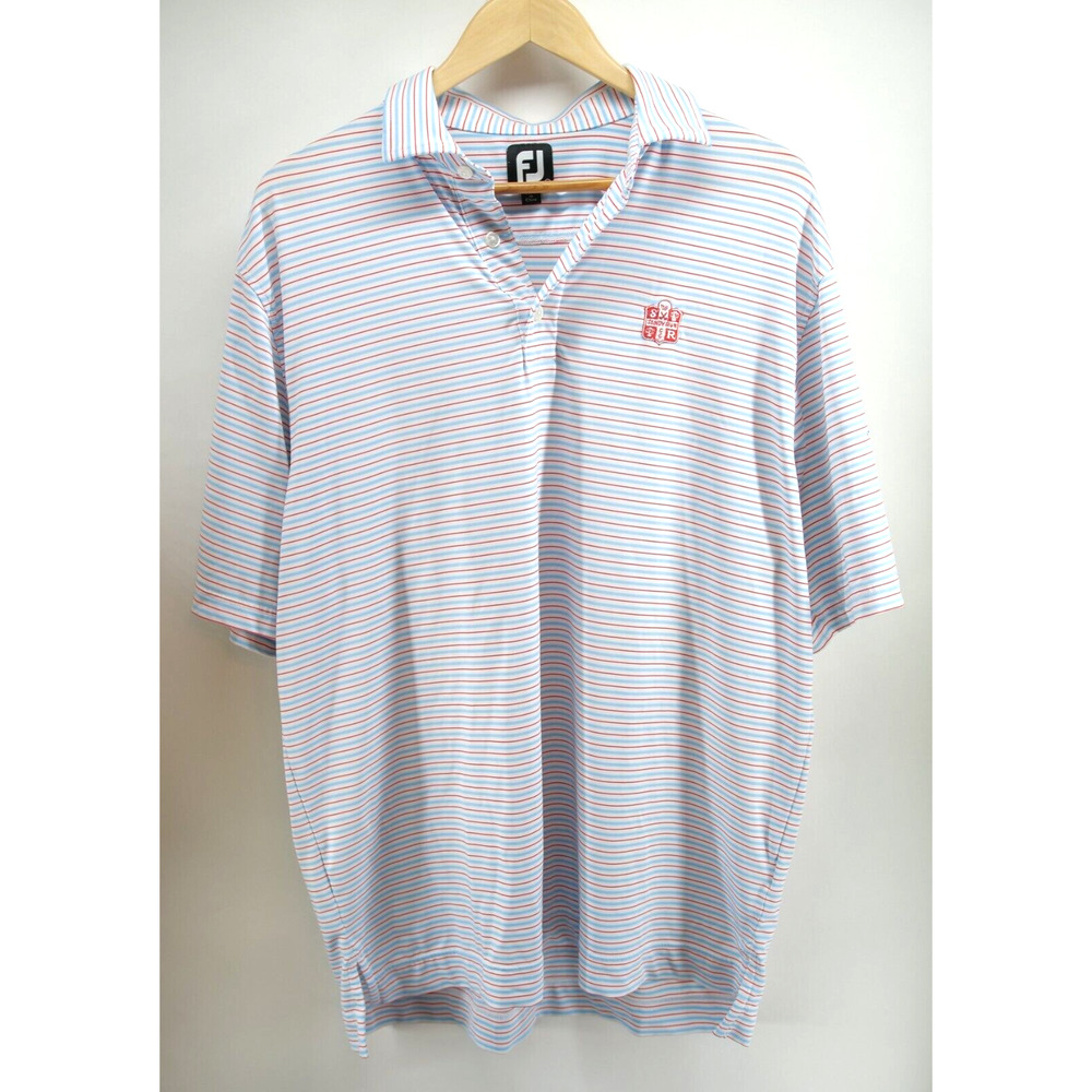 FootJoy Mens Sz L Blue Red Stripe Golf Polo Shirt Polyester Spandex Logo Chest